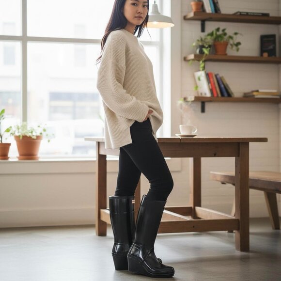 Hunter Original Tall High Gloss Wedge Rain Boots Black Rubber Heeled WMS Size 8 - Picture 15 of 15